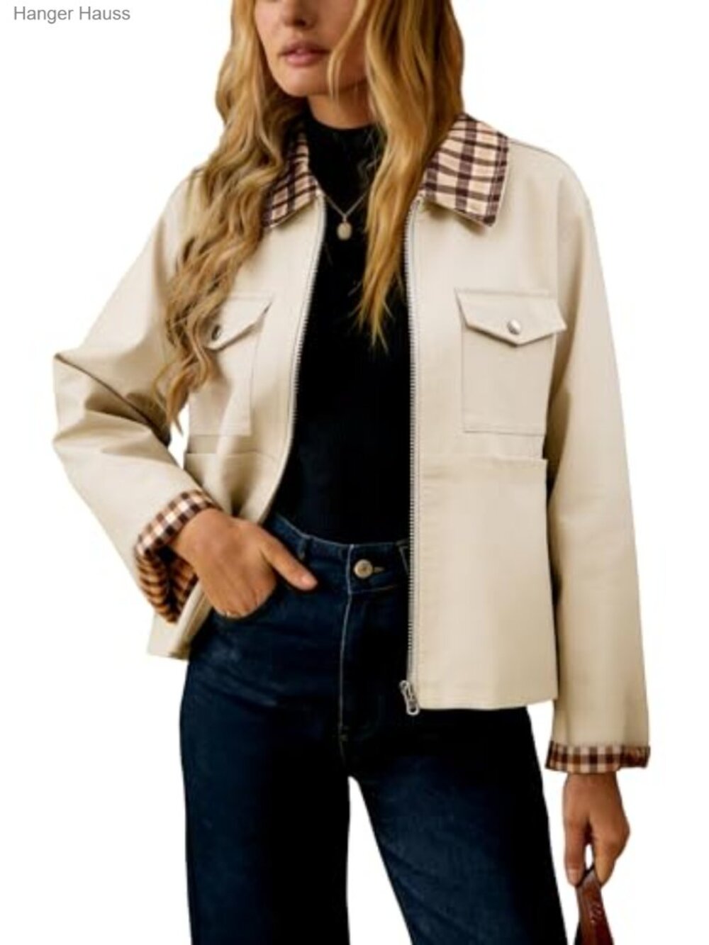 Women's Lightweight Plaid Barn Jacket with Pockets Zip-Up Casual